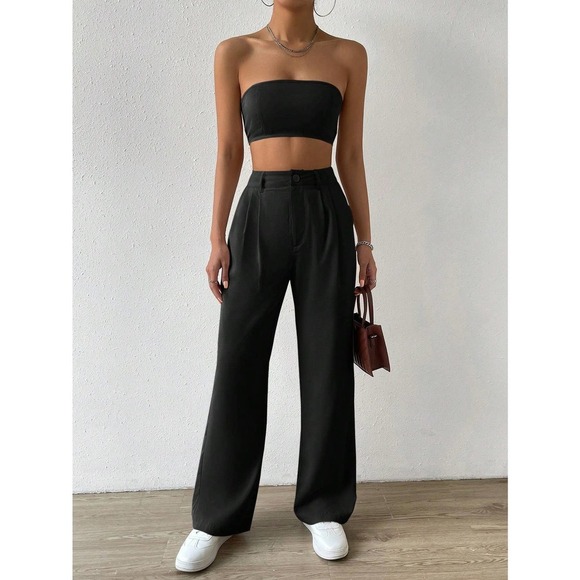 2 piece set: Solid Tube Top crop top & Wide Leg dress Pants cream - Picture 5 of 11